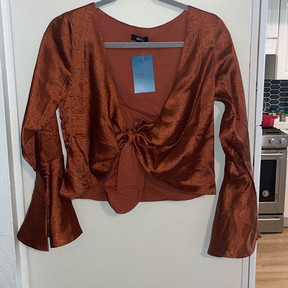 NWT Lucca Couture Satin like Sheen with Pattern Front Tie Blouse & Flare Sleeves
